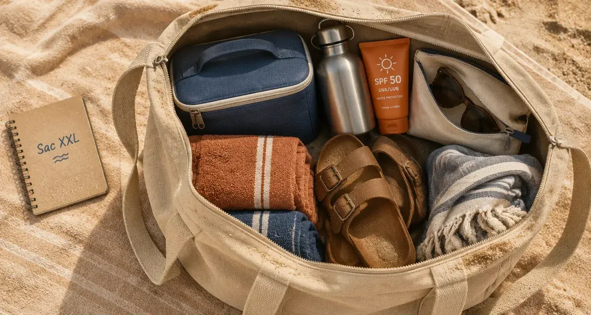sac plage xxl pour journées en famille, toile sable, capacité utile