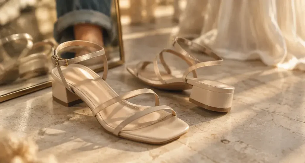 Sandales beige femme à brides fines, talon carré discret, vue en gros plan
